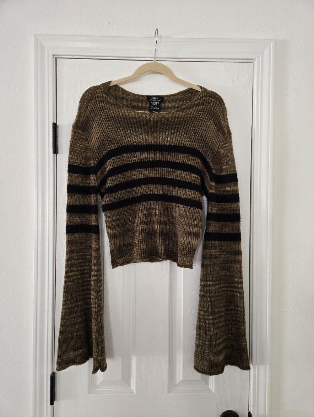 Social Collision Green & Black Stripe Crop Sweater